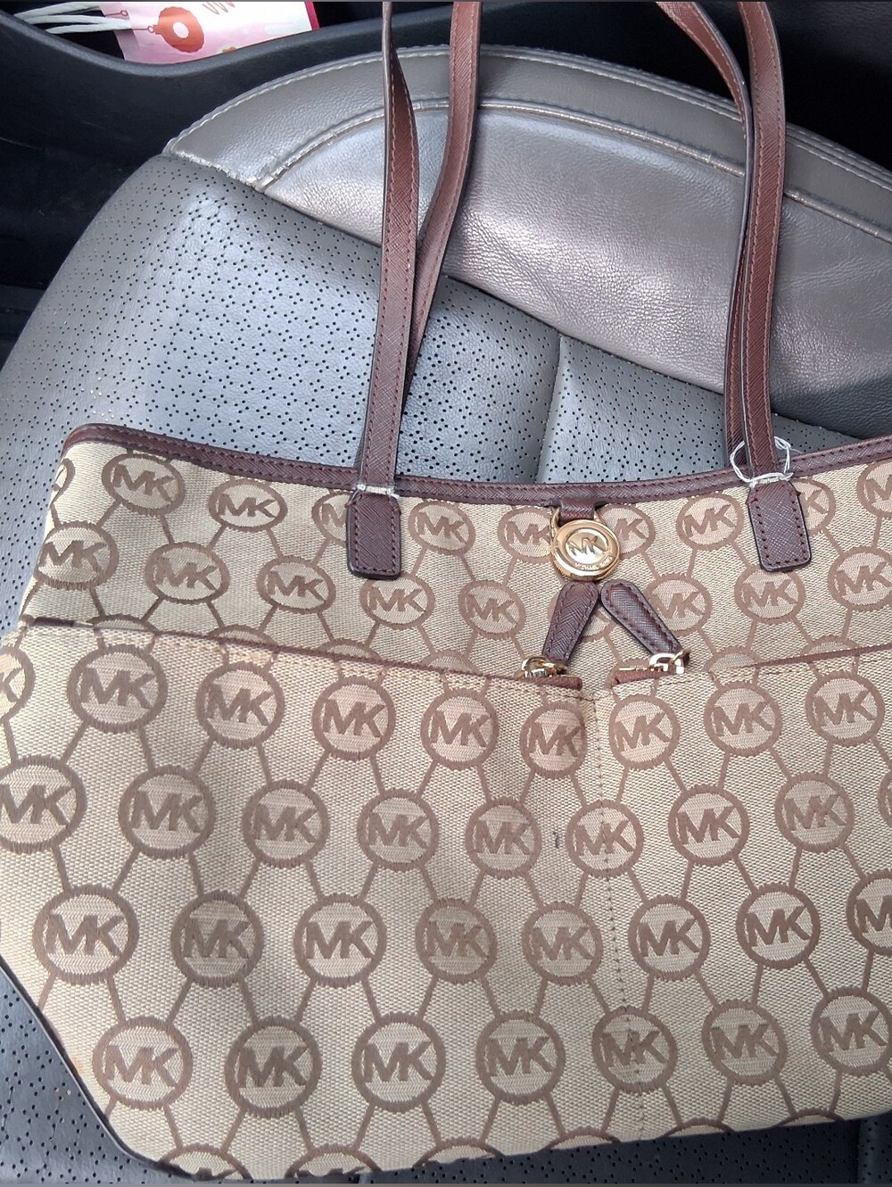 Michael Kors Beige & Brown Signature MK Shoulder Bag